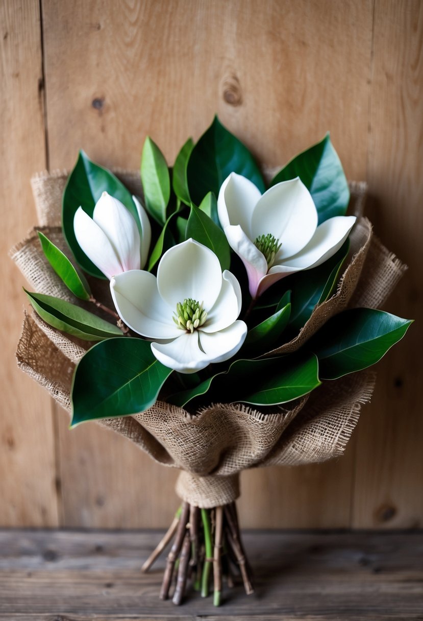 A rustic magnolia bouquet wrapped in burlap, with delicate petals and green leaves