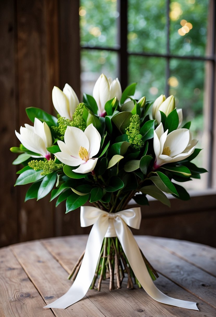 A lush bouquet of Southern magnolias and greenery, tied with a satin ribbon, sits on a rustic wooden table