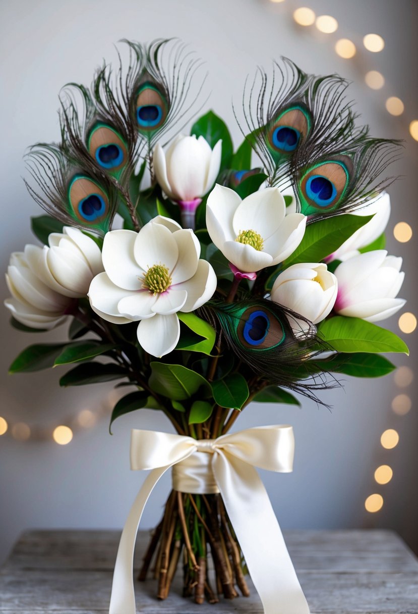 A lush bouquet of magnolia blooms and peacock feathers, tied with a satin ribbon