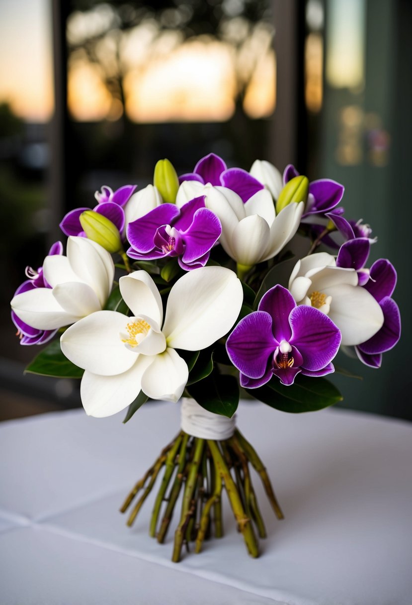 A modern wedding bouquet with white magnolias and purple orchids