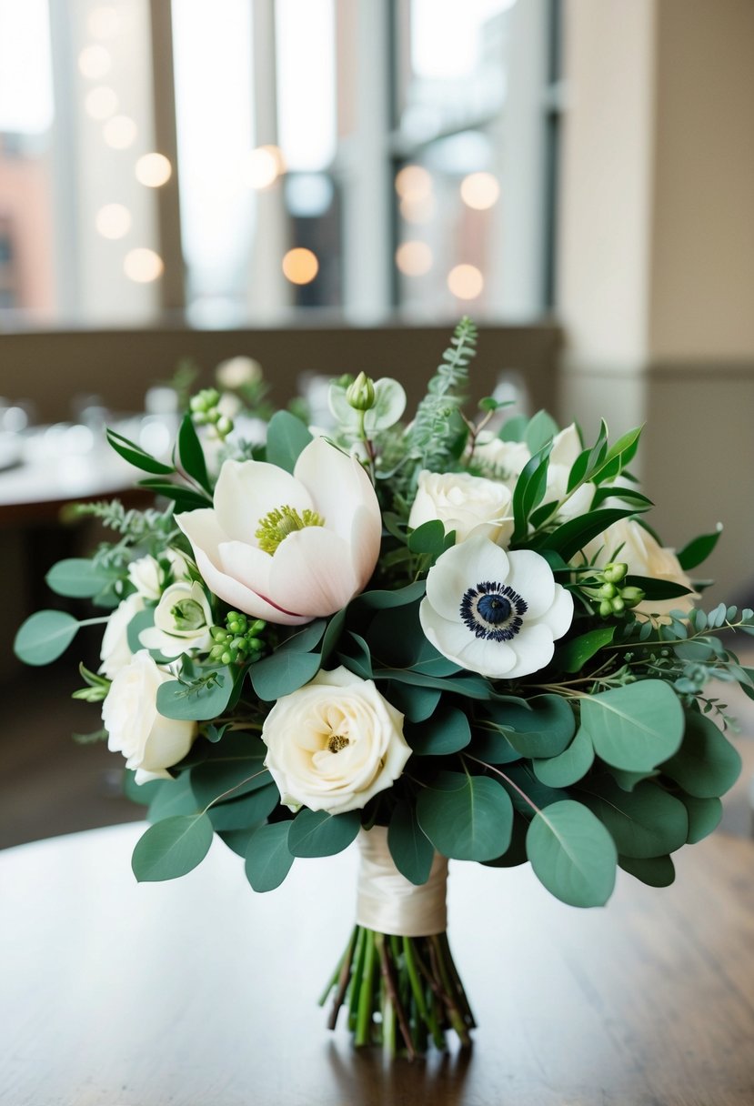 A lush, elegant wedding bouquet featuring magnolias, eucalyptus, and anemones