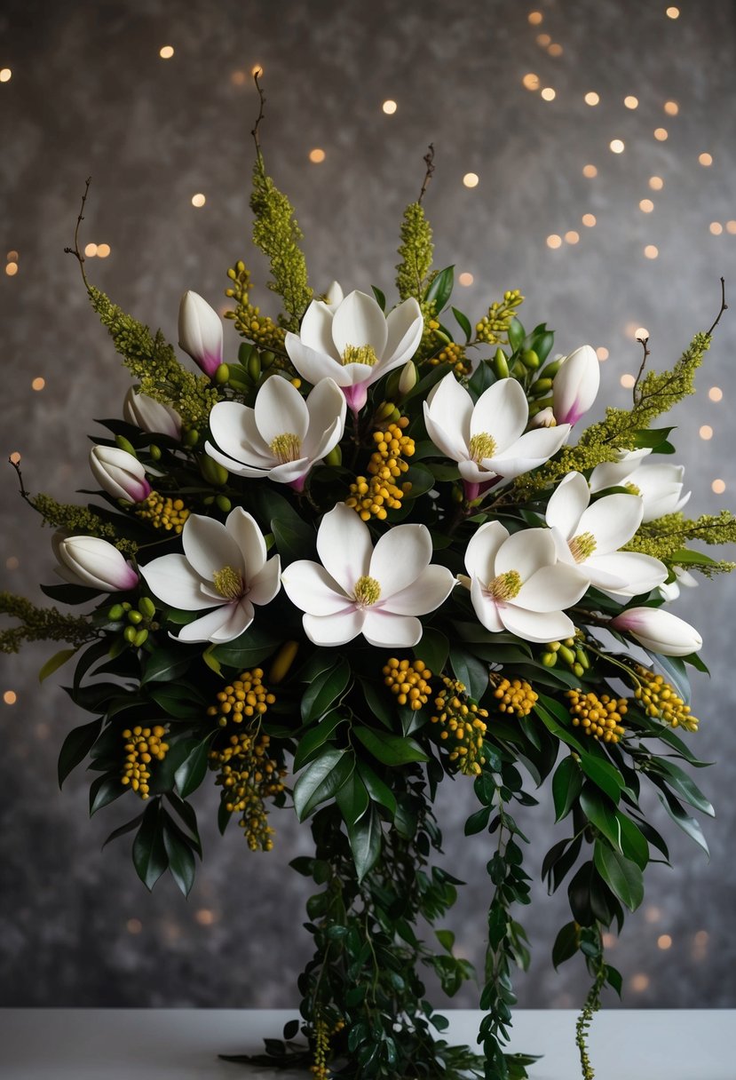 A lush bouquet of magnolia blossoms and berries arranged in an elegant, cascading style