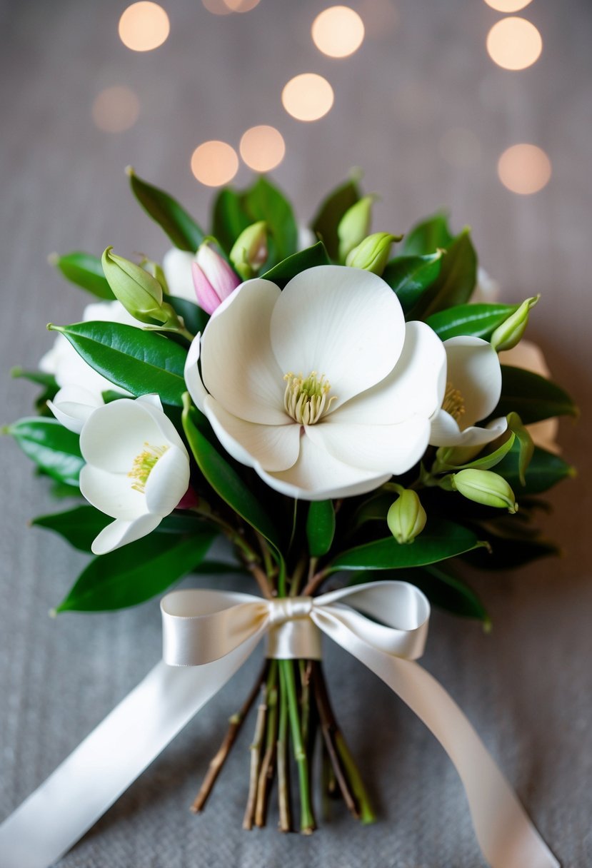 A lush magnolia and sweet pea bouquet, tied with satin ribbon