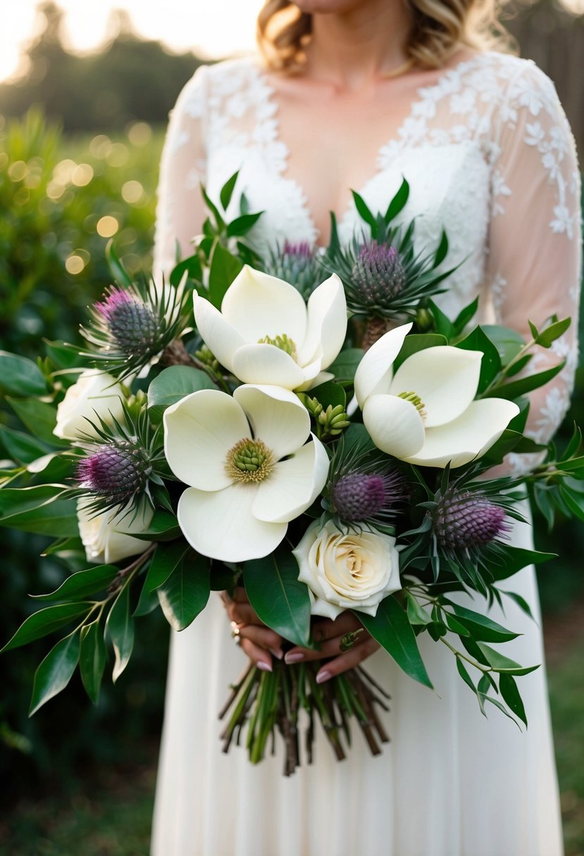 A lush magnolia wedding bouquet with thistle and rustic accents