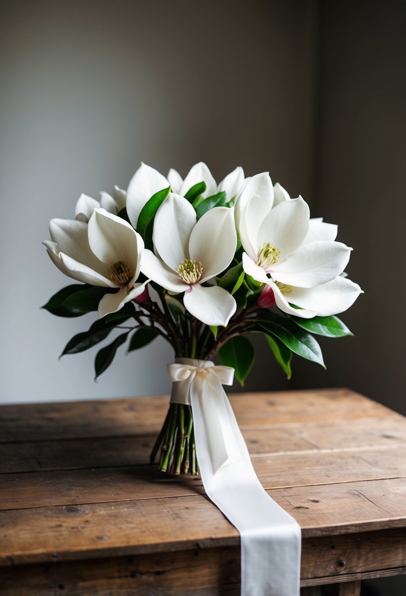 A lush magnolia bridal bouquet, tied with ribbon, rests on a rustic wooden table