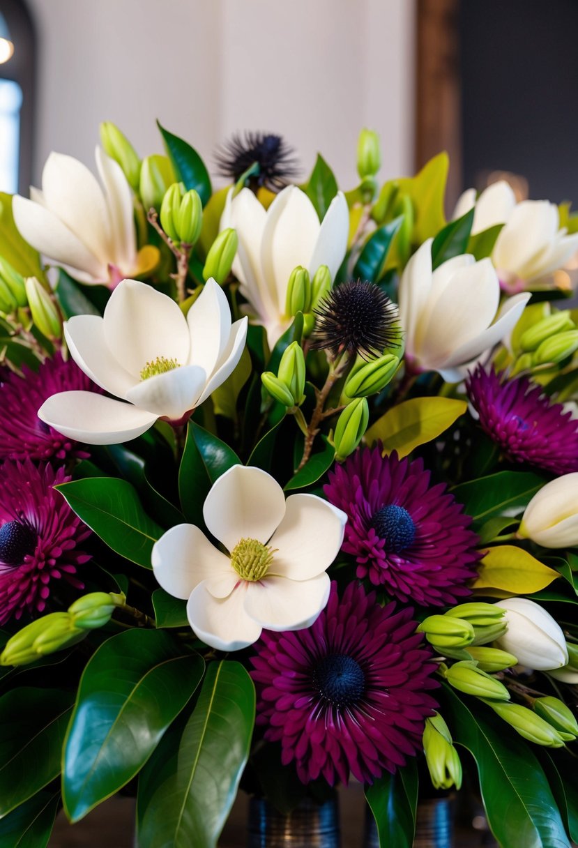 A lush bouquet of magnolia and scabiosa, with bold textures and contrasting colors, arranged in a stunning display