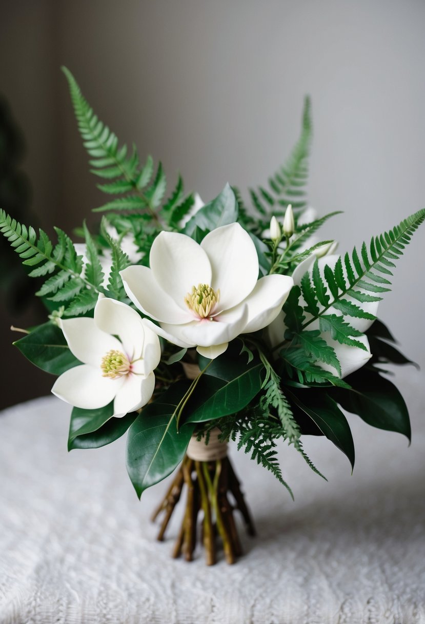 A simple magnolia bouquet with delicate fern accents