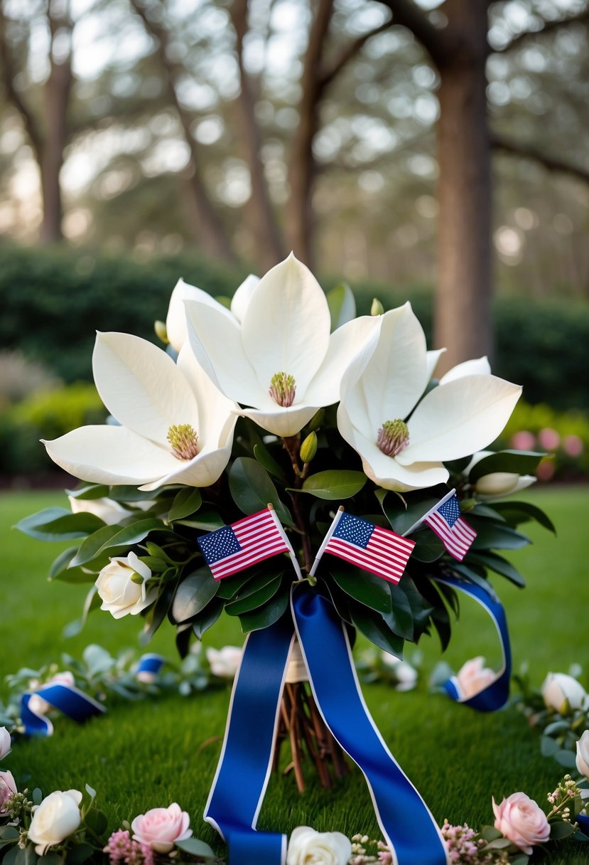 A lush magnolia bouquet with state flag ribbons, surrounded by small floral accents in coordinating colors