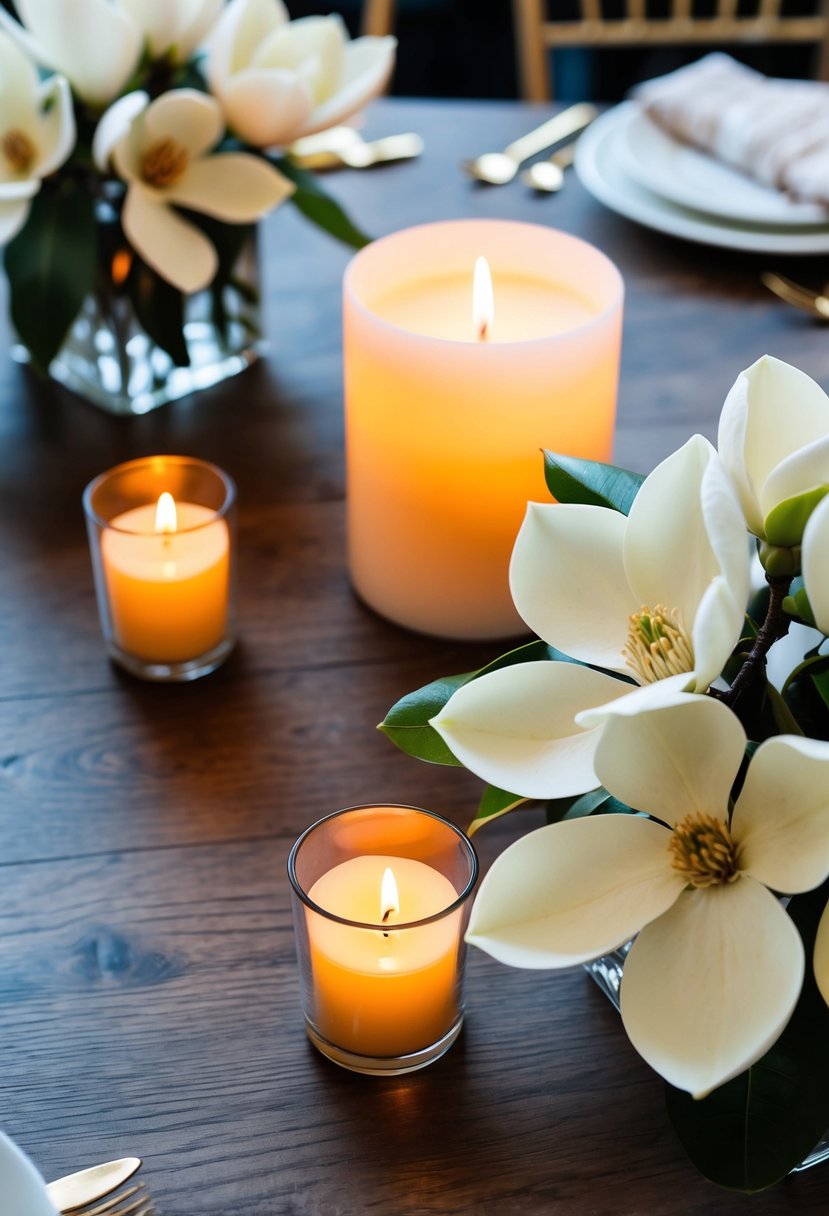 Magnolia centerpieces surround a glowing candle, while a delicate wedding bouquet of magnolias rests nearby