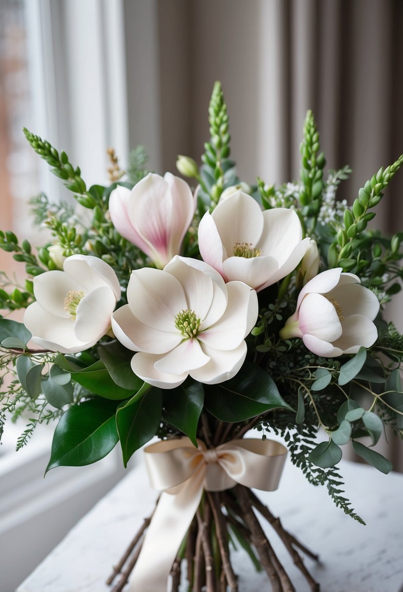 A lush bouquet of seasonal magnolias and sweet peas in soft pastel hues, accented with delicate greenery and tied with a satin ribbon