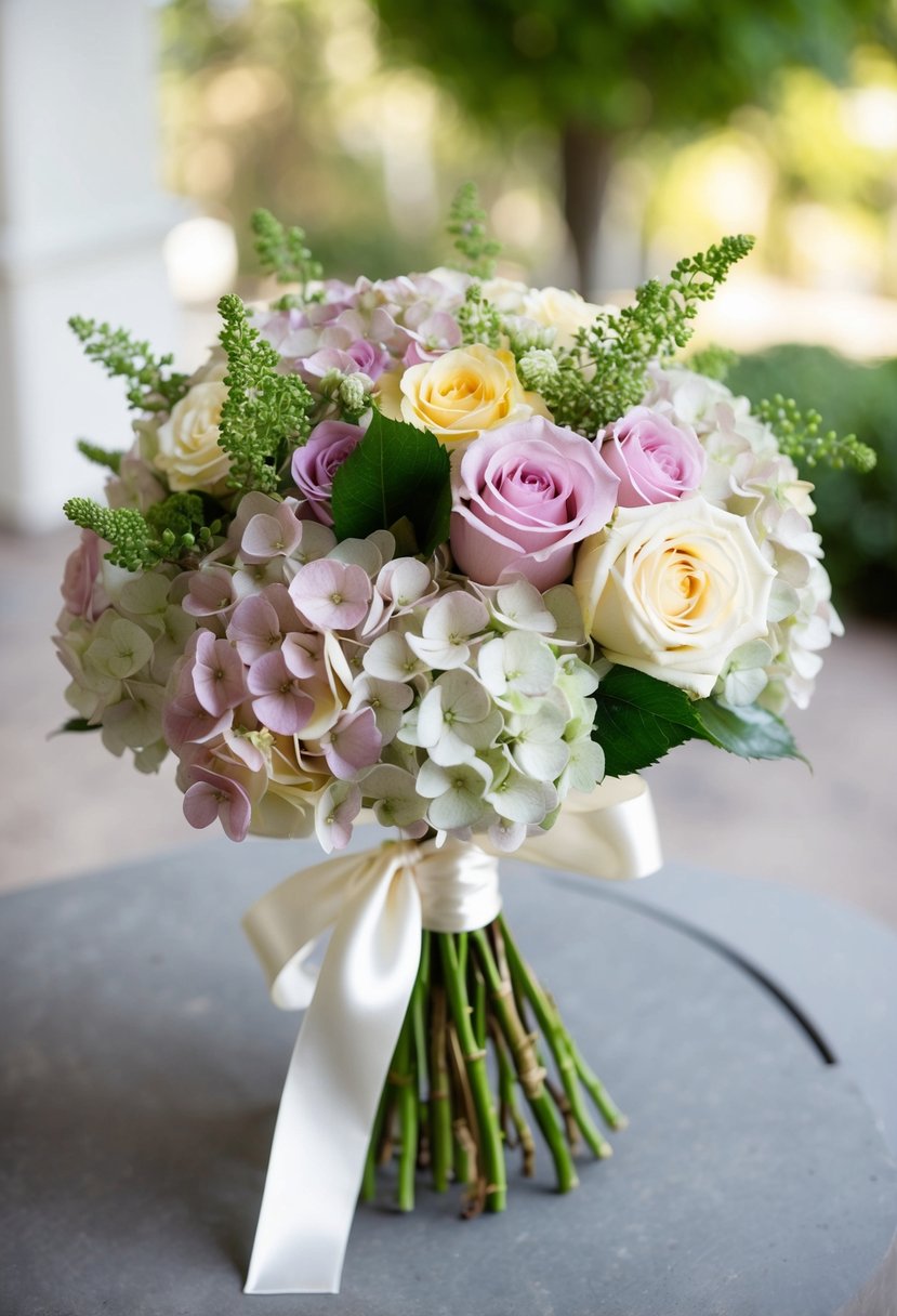 A lush bouquet with hydrangeas and roses in soft pastel colors, tied with a satin ribbon