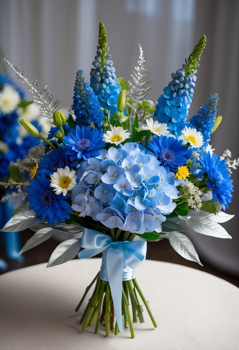 A vibrant blue wedding bouquet featuring hydrangeas, delphiniums, and cornflowers, accented with silver foliage and tied with a satin ribbon