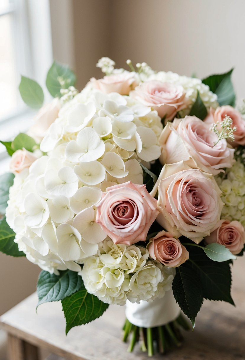 Elegant white hydrangeas and blush roses arranged in a wedding bouquet