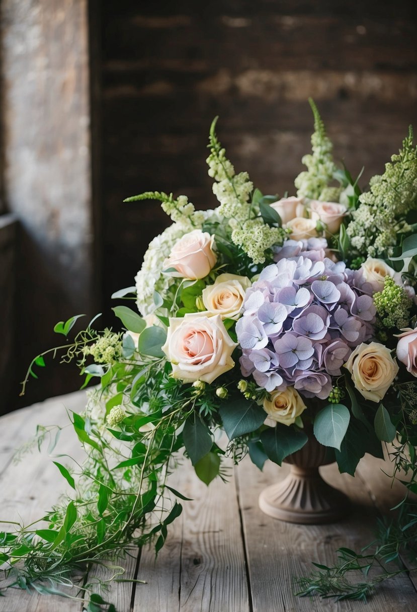 A lush bouquet of cascading hydrangeas and roses, entwined with delicate greenery, sits on a rustic wooden table