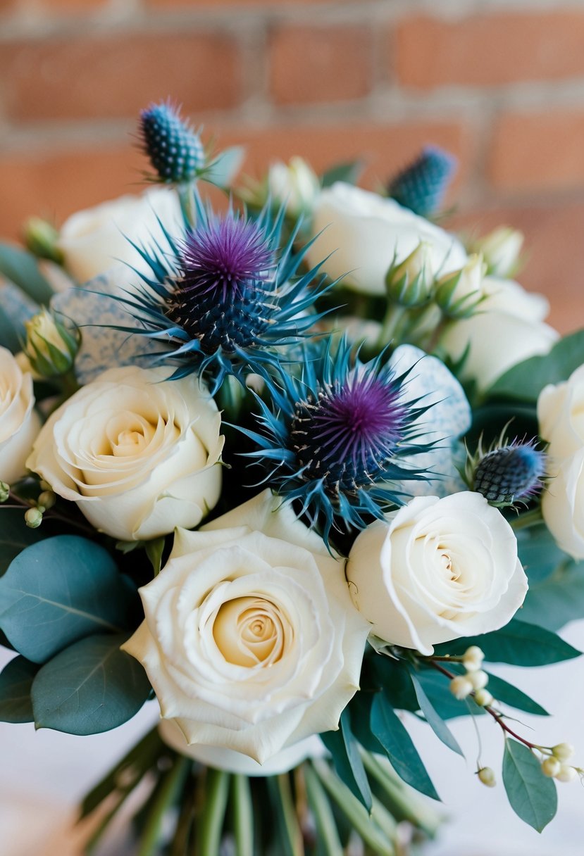 A delicate arrangement of blue thistle and white roses in an elegant wedding bouquet