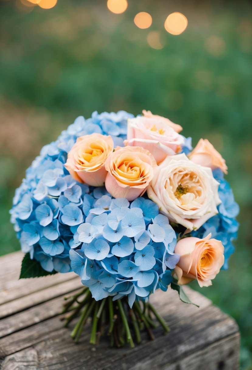 A rustic bouquet features blue hydrangeas and peach roses