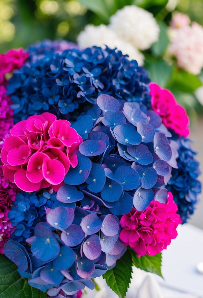 Vibrant navy blue hydrangeas mixed with bold fuchsia blooms in a stunning wedding bouquet