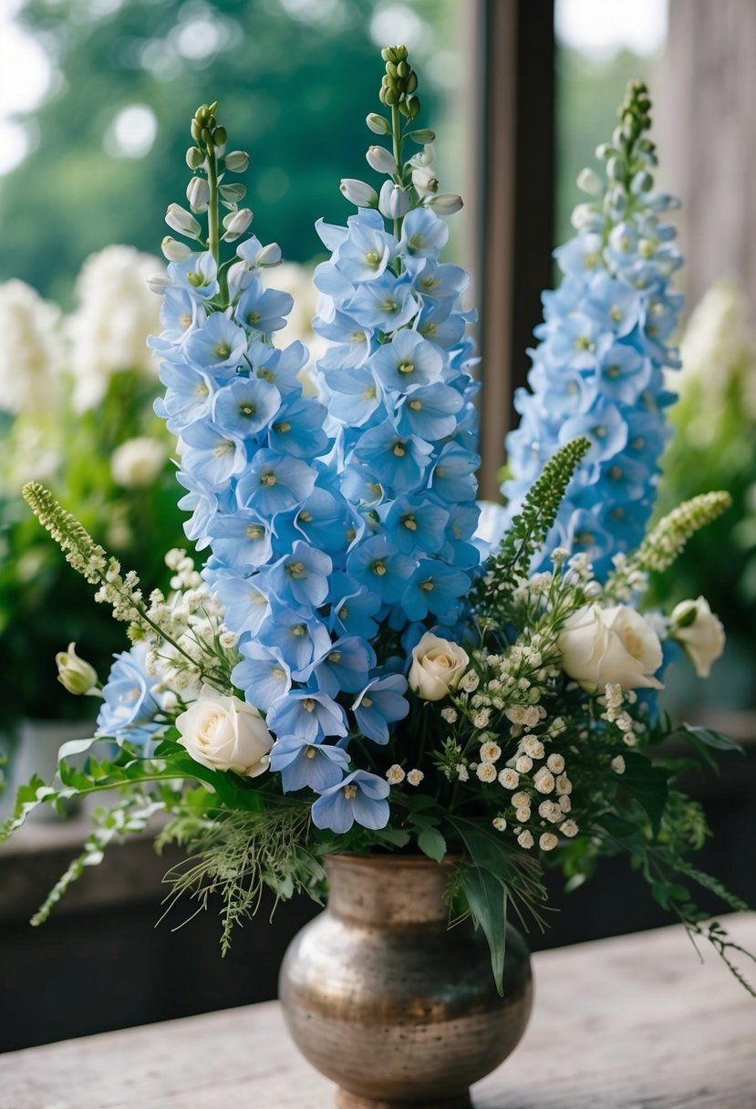 A delicate bouquet of pale blue delphiniums, accented with white blooms and greenery, arranged in a rustic vase