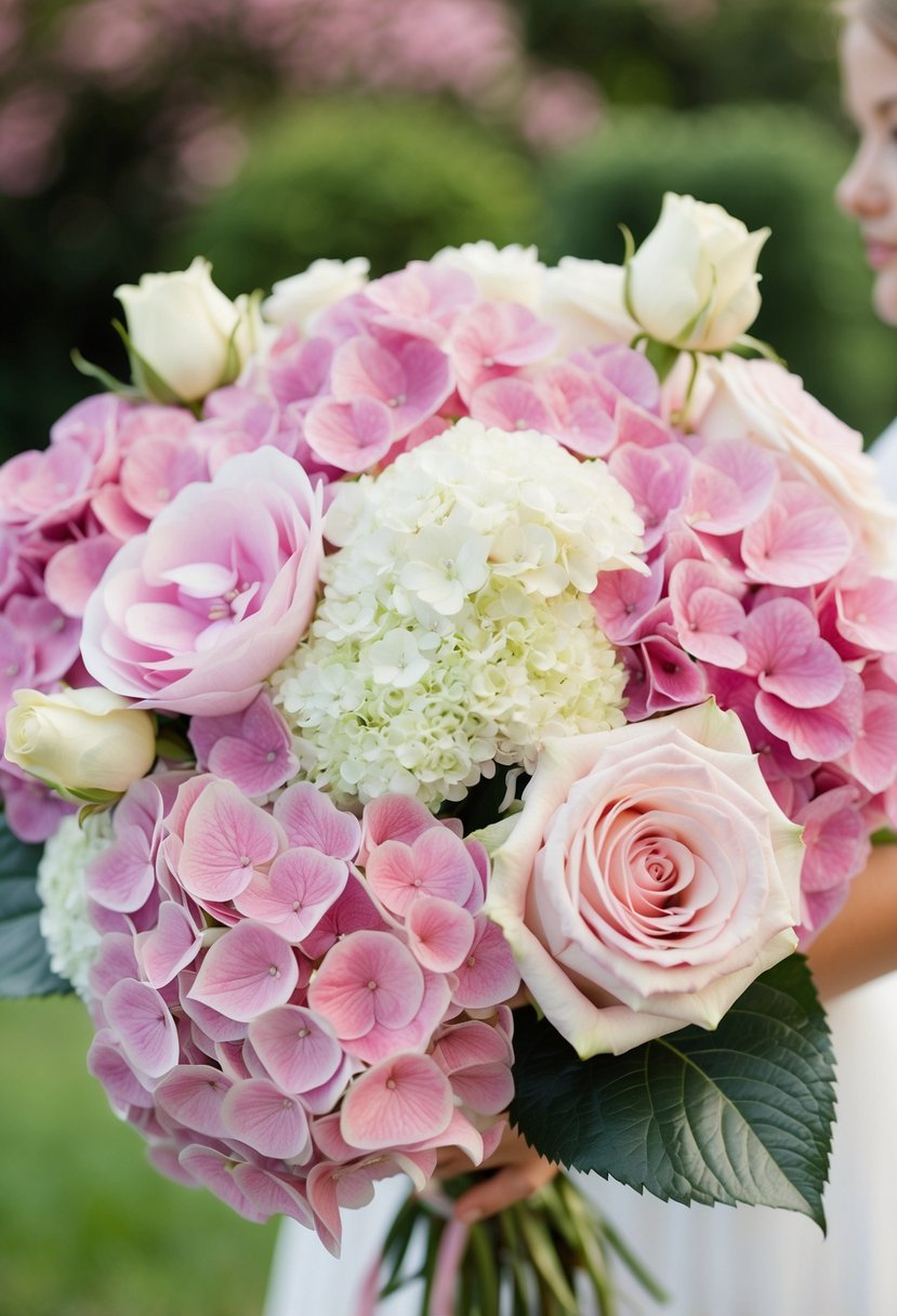 A whimsical mix of pink hydrangeas and garden roses arranged in a wedding bouquet