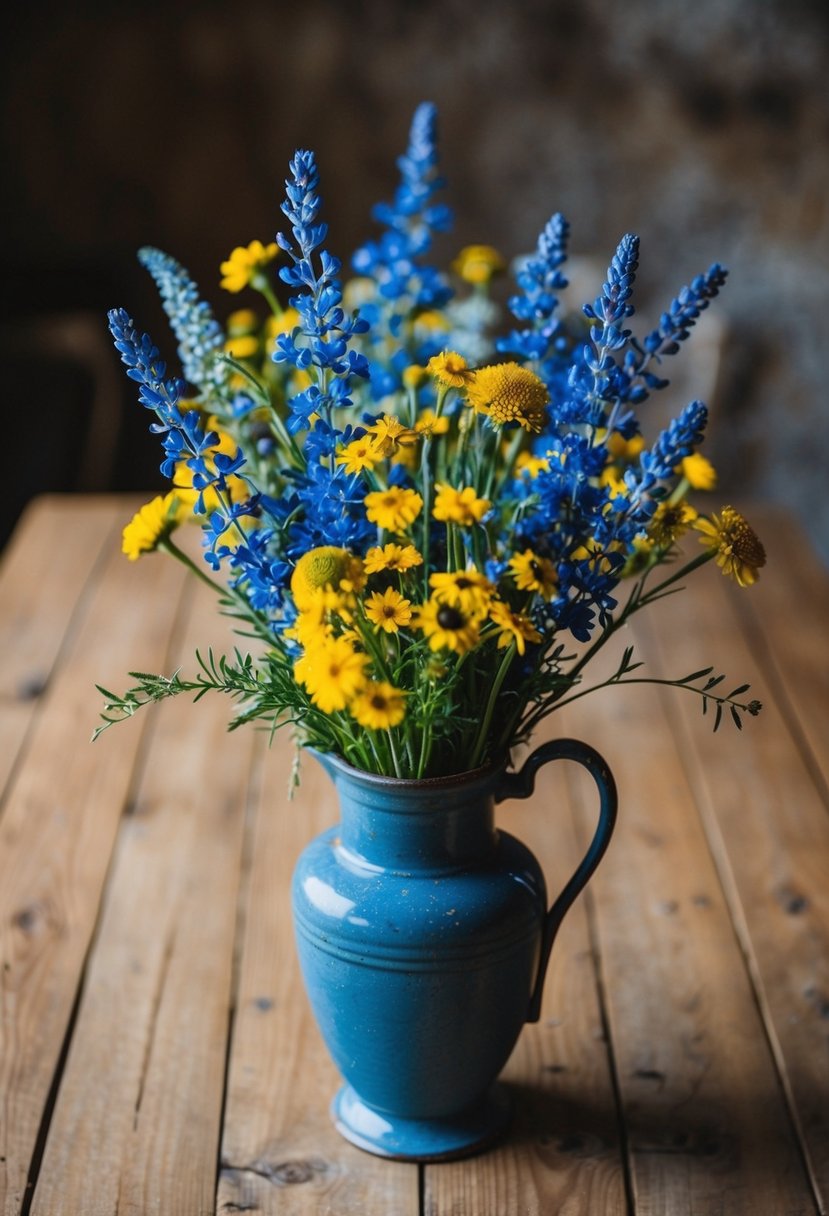 A rustic bouquet of blue and yellow wildflowers sits in a vintage vase on a wooden table