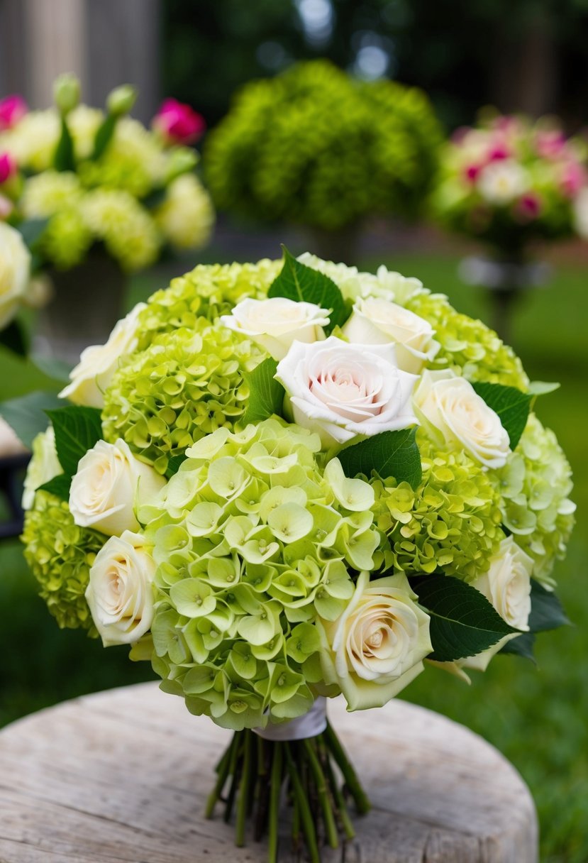 A vibrant bouquet of lime green hydrangeas and roses, arranged in a stunning wedding bouquet