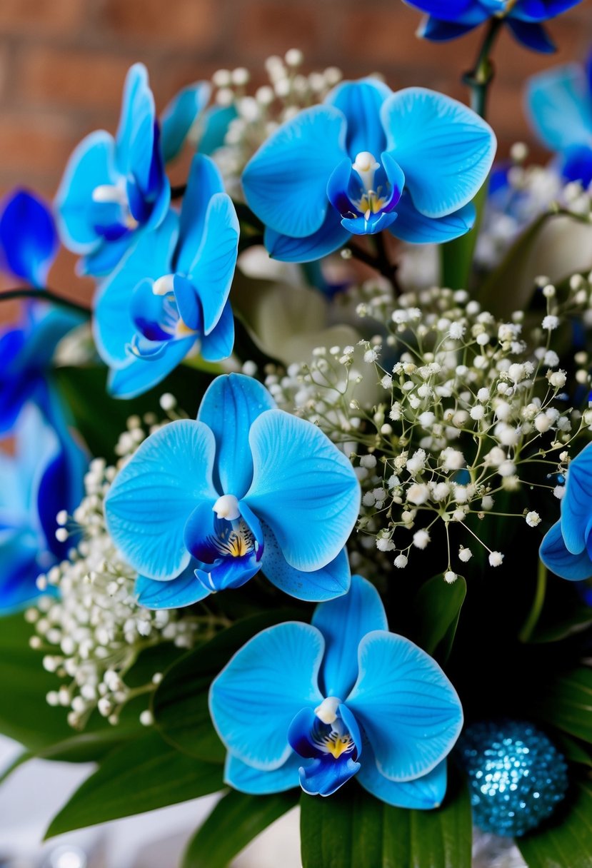 A vibrant bouquet of bright blue orchids and delicate baby's breath, arranged in a stunning wedding bouquet