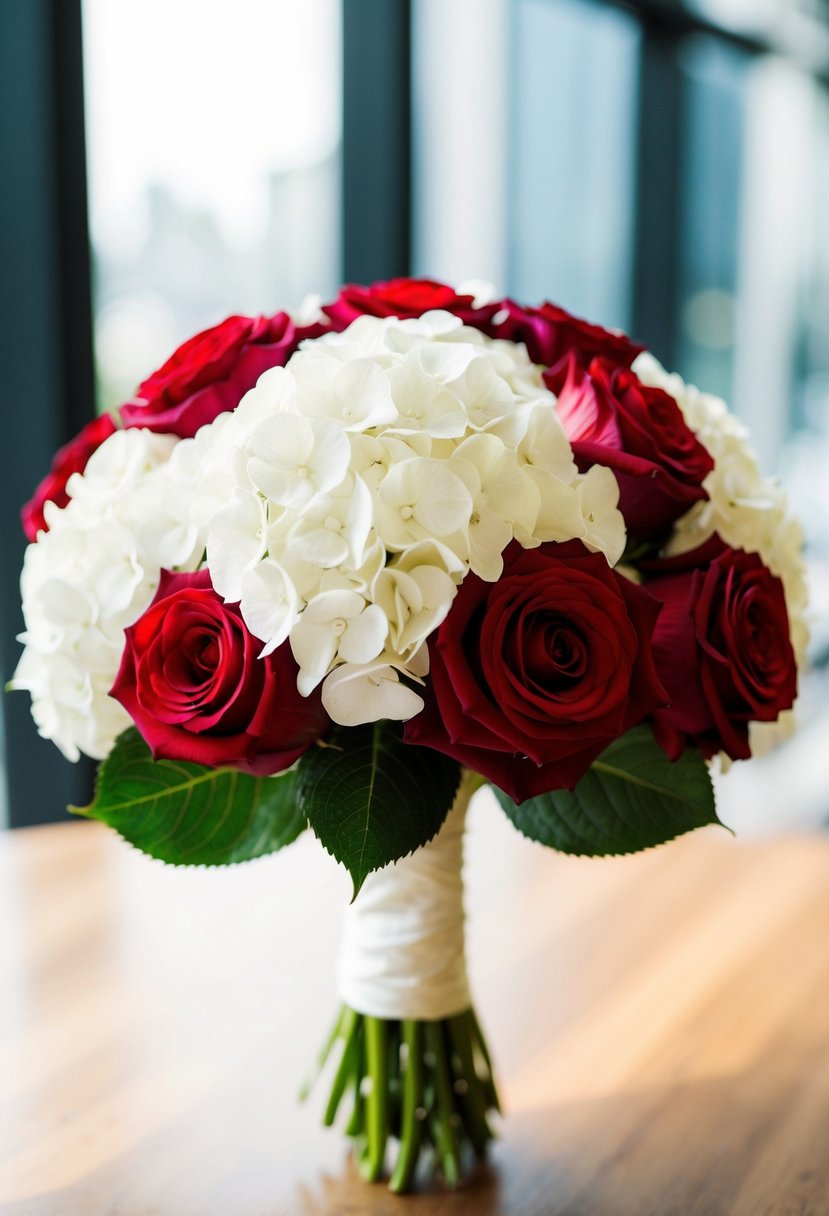 A modern wedding bouquet with white hydrangeas and red roses