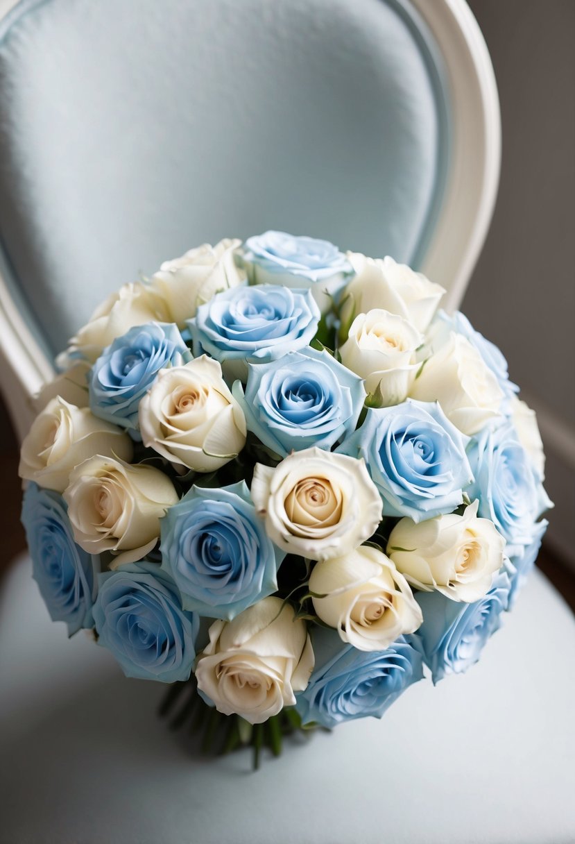 A delicate bouquet of pale blue and ivory roses, arranged in a serene and elegant manner