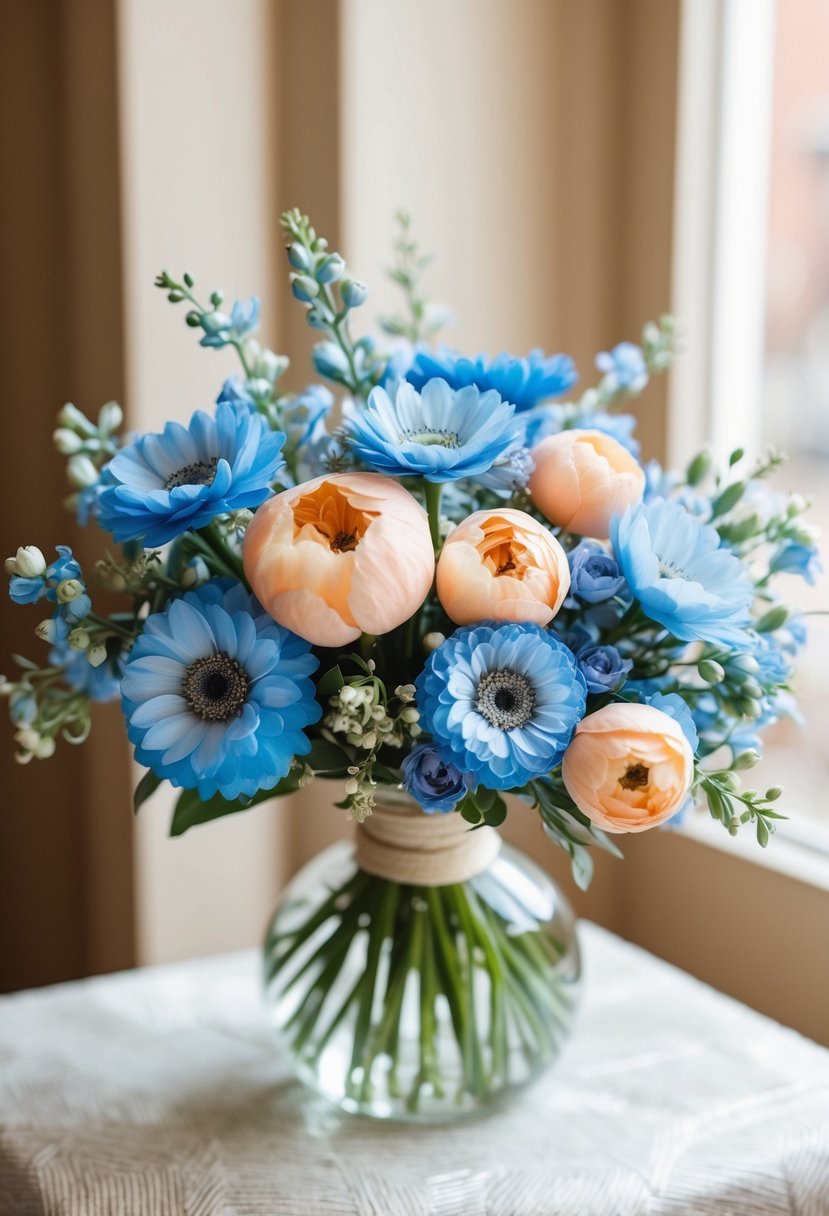 A delicate bouquet of blue and peach flowers arranged in a charming and elegant manner