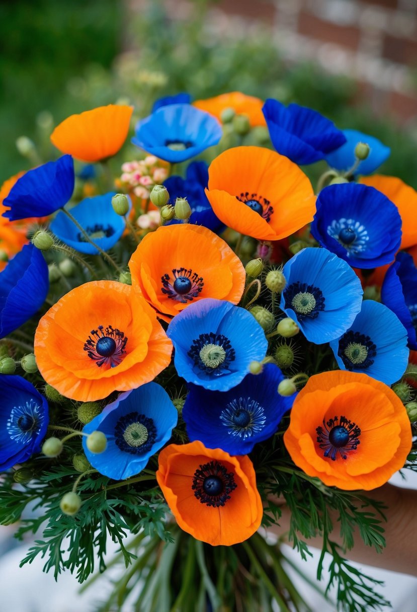 A vibrant mix of blue and orange poppies arranged in a wedding bouquet