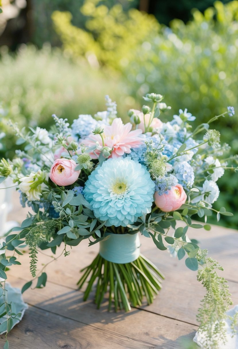 A pastel blue and pink garden bouquet sits on a rustic wooden table, surrounded by delicate greenery and soft natural lighting