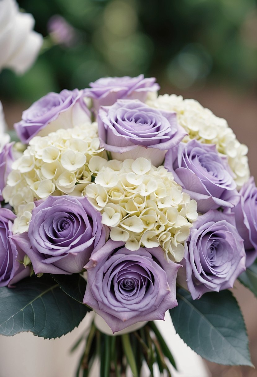 Lavender roses and ivory hydrangeas arranged in a wedding bouquet