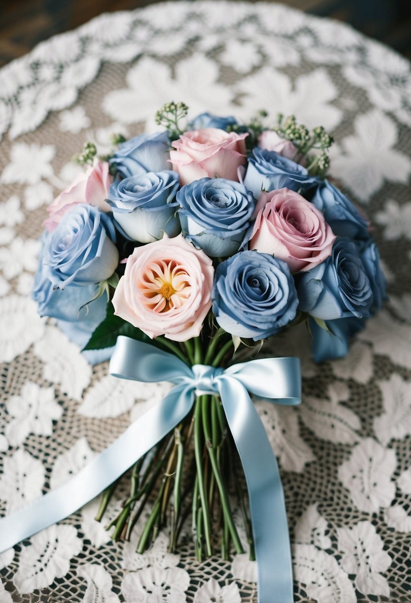 A delicate bouquet of dusty blue and blush roses, tied with a satin ribbon, rests on a vintage lace tablecloth