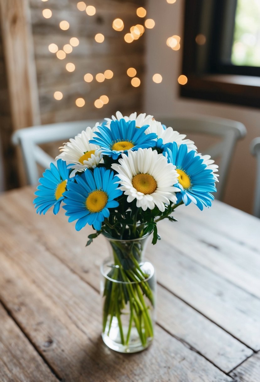 A simple blue and white daisy wedding bouquet sits in a clear vase on a rustic wooden table