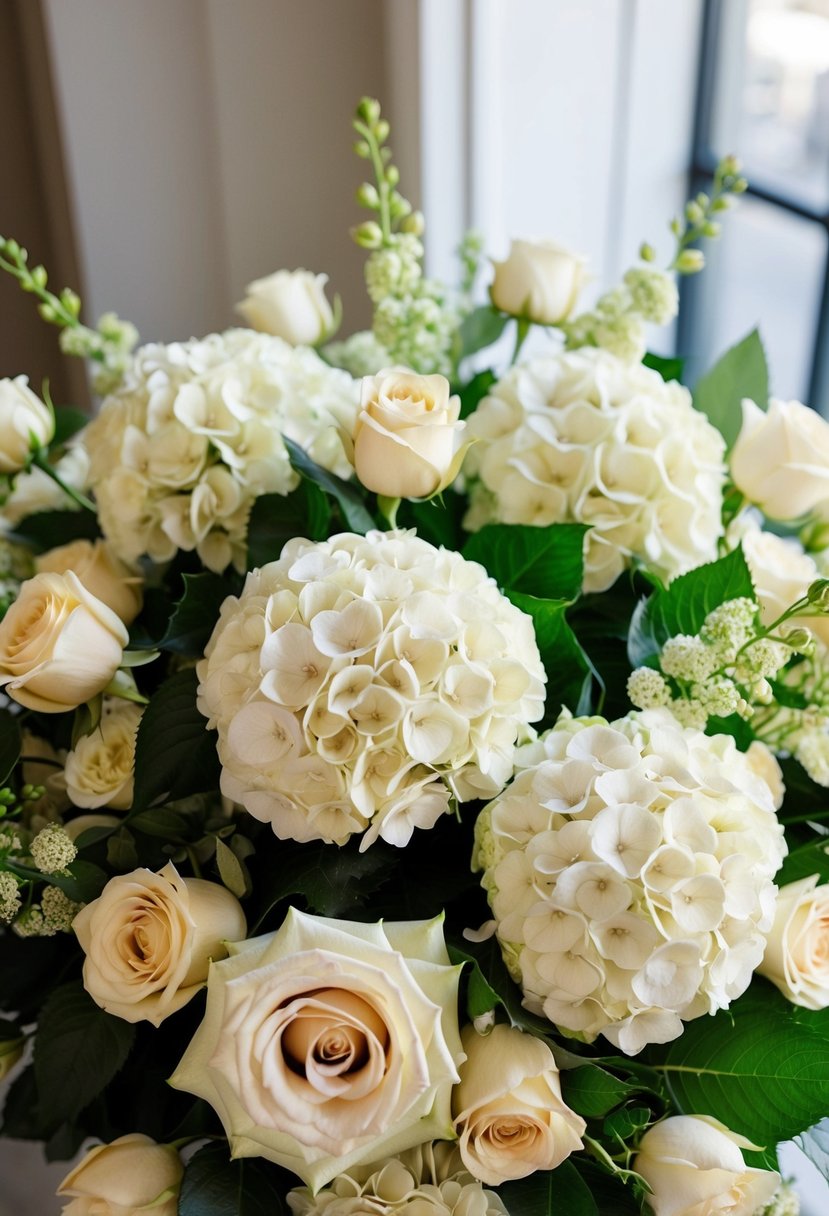 A lush bouquet of cream hydrangeas and champagne roses arranged in an elegant and sophisticated manner