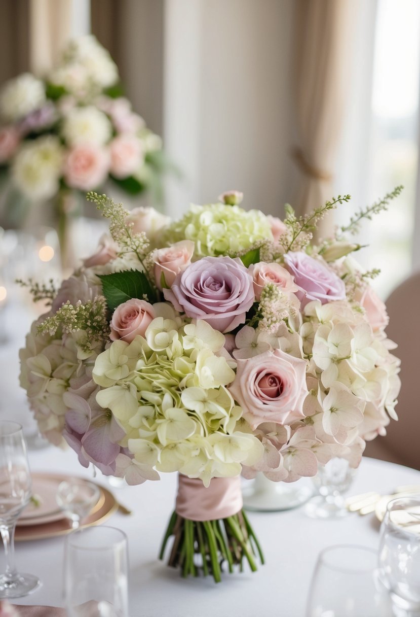 A delicate bouquet of pastel hydrangeas and dusty pink roses, arranged in a romantic and dreamy wedding setting