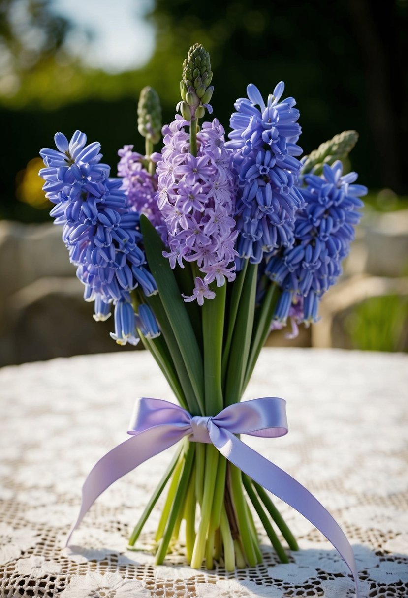 A whimsical bouquet of blue hyacinths and lavender blooms, tied with a satin ribbon, resting on a vintage lace tablecloth