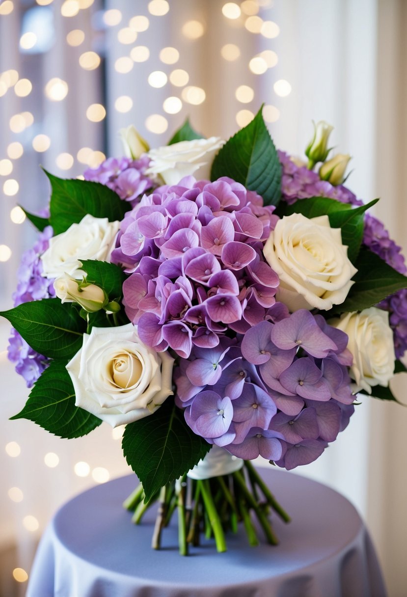 A lush bouquet of purple hydrangeas and white roses arranged in an elegant wedding bouquet