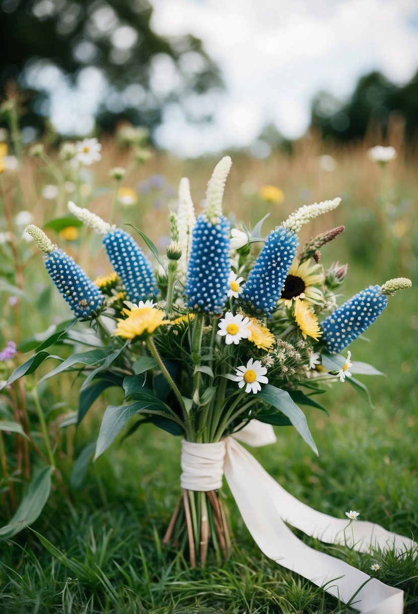 A boho-style wedding bouquet featuring blue cornflowers and other wildflowers, tied with a flowing ribbon