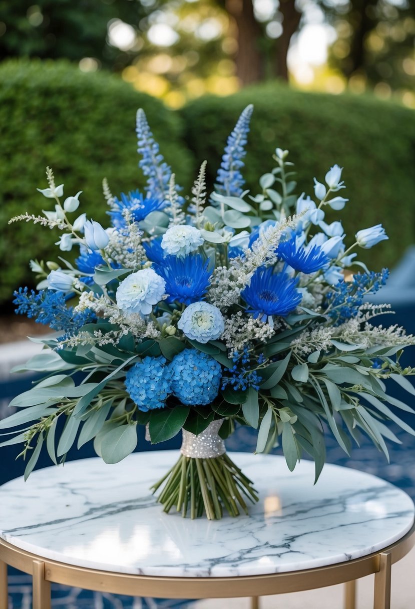 A lush bouquet of blue and silver greenery, accented with delicate blue flowers, sits atop a marble table