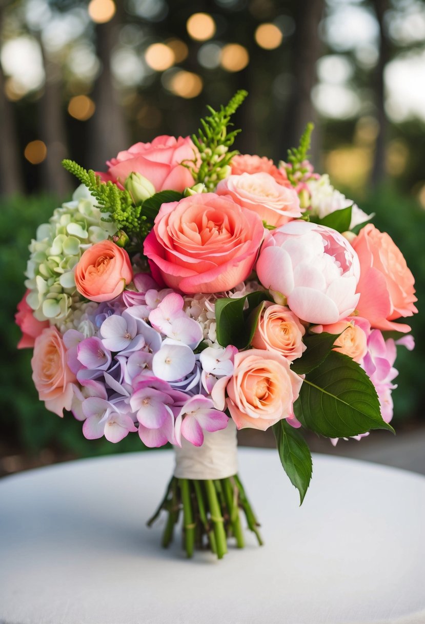 A vibrant wedding bouquet featuring hydrangeas, coral roses, and peonies