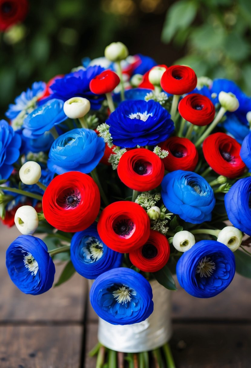 A vibrant mix of blue and red ranunculus arranged in a wedding bouquet