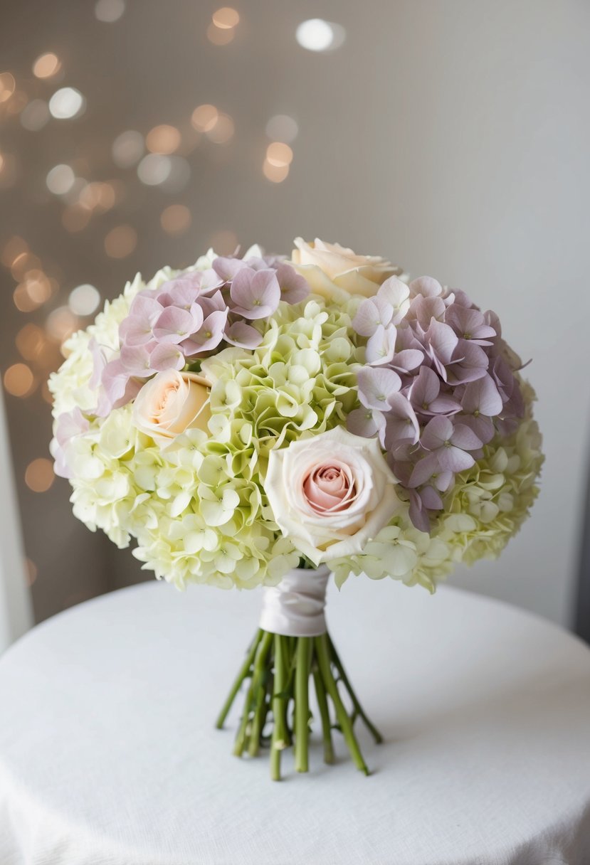 A delicate bouquet of hydrangeas and roses, arranged in a simple and elegant manner, with soft, pastel colors