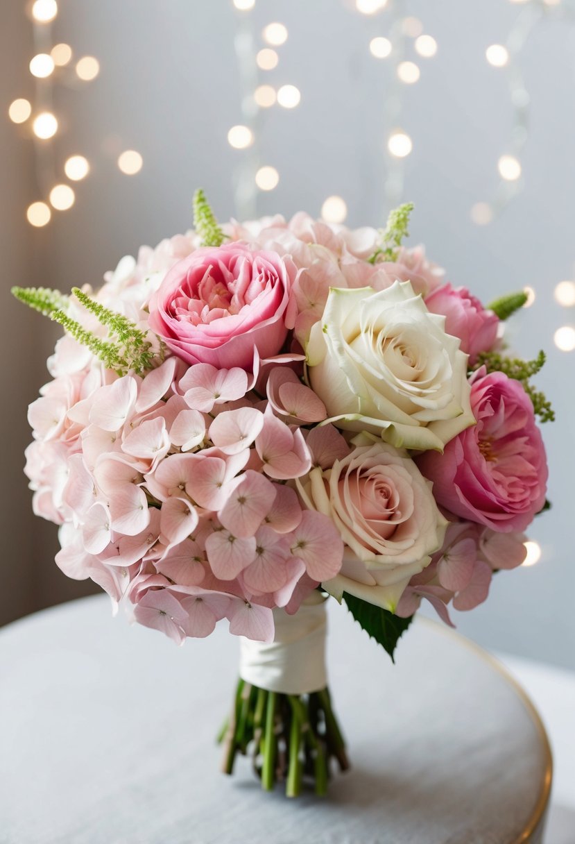 A delicate wedding bouquet of soft pink hydrangeas and vintage tea roses