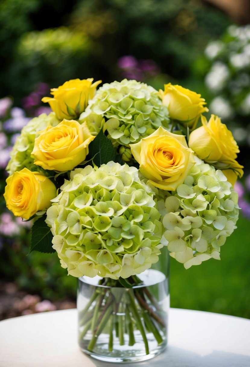 A lush bouquet of green hydrangeas and yellow garden roses