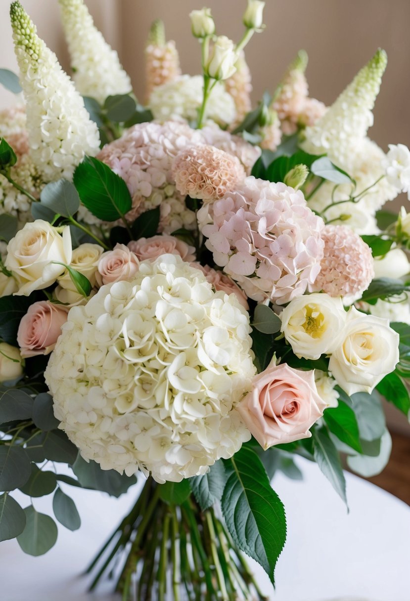 A lavish bouquet of hydrangeas and spray roses arranged in a cascading design, with a mix of white and blush pink blooms