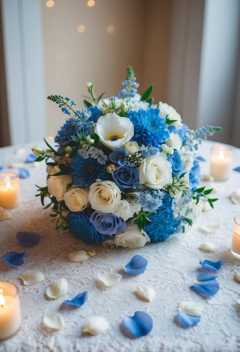 A delicate blue and white wedding bouquet rests on a lace-covered table, surrounded by scattered petals and soft candlelight