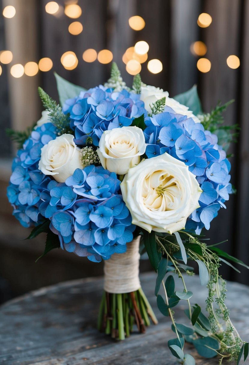 A bouquet of blue hydrangeas and white roses arranged in a rustic, hand-tied style with trailing greenery