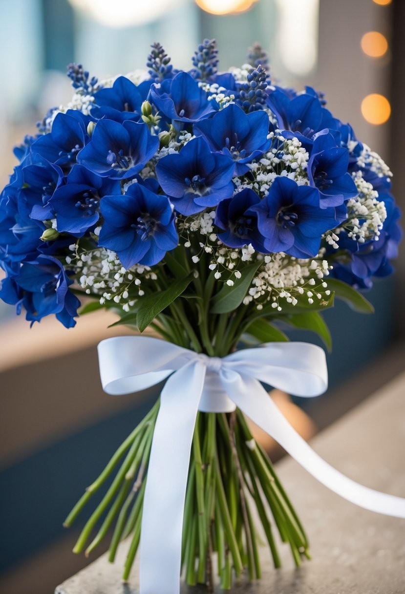 A bouquet of navy blue delphiniums and baby's breath, tied with a white ribbon