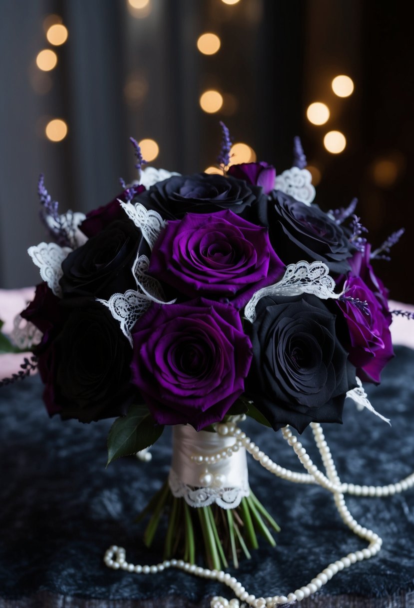 A dark, romantic bouquet with deep purple and black roses, accented with lace and pearls